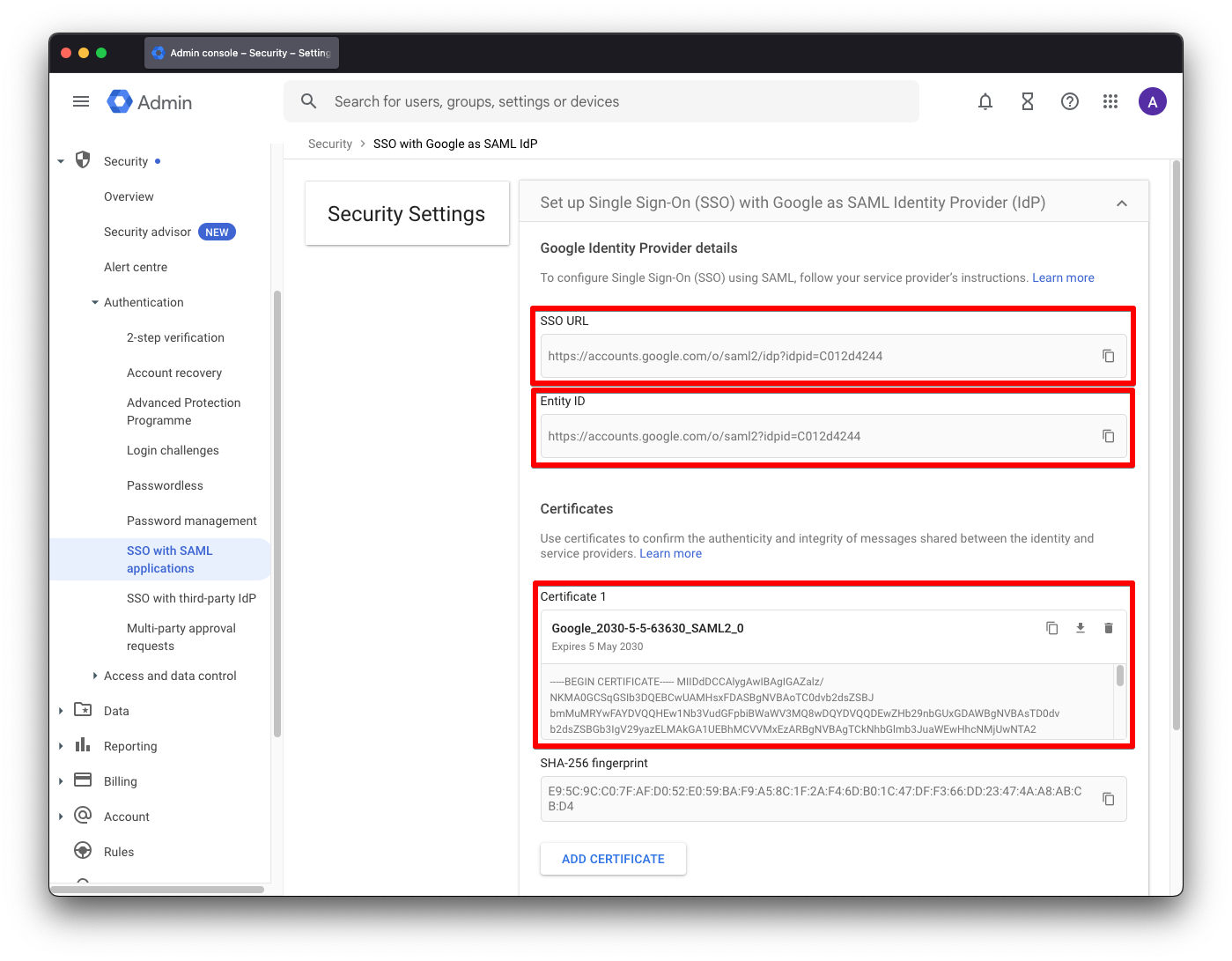 Google Workspace IdP config